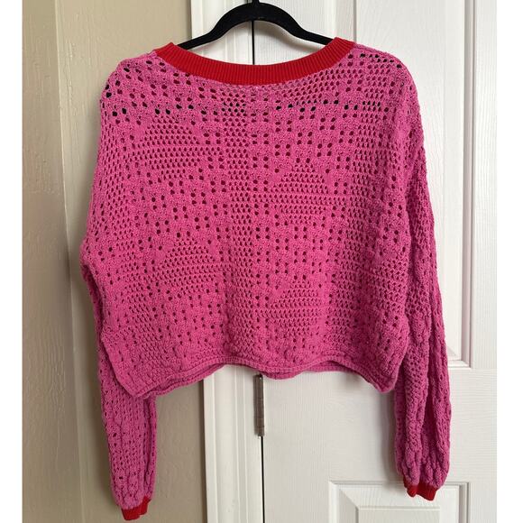 Free People Bright Pink Red Home Run Crop Sweater Pullover Contrast Neck Cuff XS - Picture 5 of 7